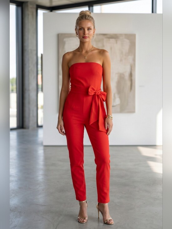 Black Halo Pants - Black Halo Harbor Strapless Grenadine Red Jumpsuit Bow Detail Size 2 NWT